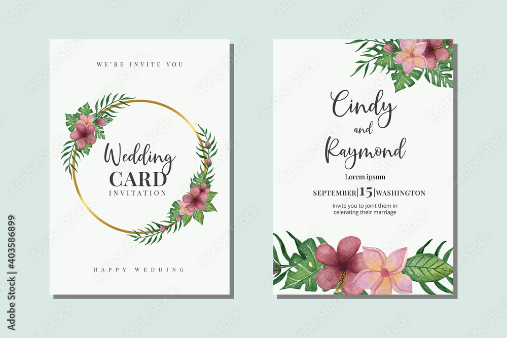 Wedding Invitation Tropical Flower Leaves Watercolor Design Vector