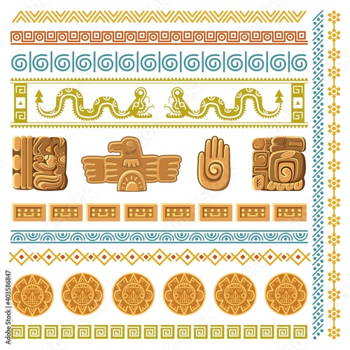 Maya civilization graphics patterns. Aztec decoration elements frames and borders, inca ancient art symbols and architecture fragments mexico traditional religion ornaments vector set