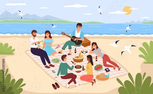 Sea picnic. Young happy people drink and eat on beach  friends relax at ocean shore and have lunch together  men and women lie and sit on blanket outdoor. Vector flat cartoon concept