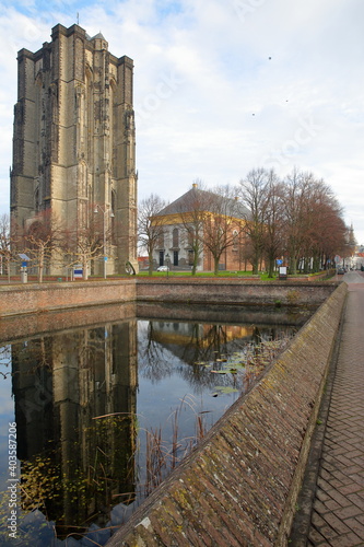 Reflections of the Sint Lievensmonstertoren (Saint Lievens monster church tower), located on Kerkplein in Zierikzee, Zeeland, Netherlands