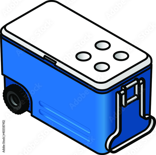 A wheeled camping cooler chest.