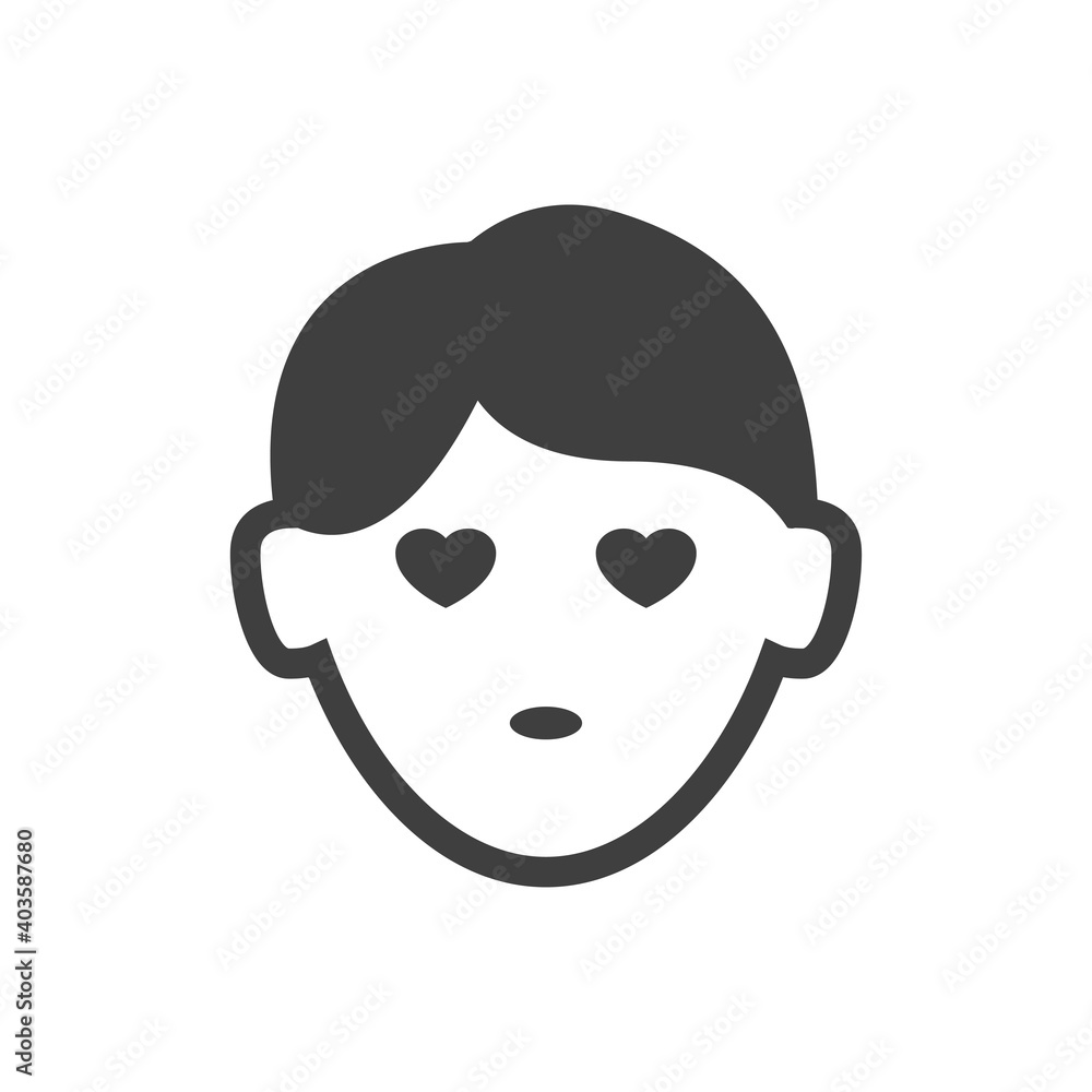 Hombre enamorado. Cara de chico con ojos con forma de corazón en color gris Hombre enamorado. Cara de chico con ojos con forma de corazón en color gris
