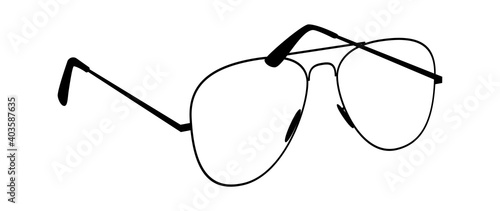 Glasses silhouettes. Black eyewear vintage hipster eyeglasses, angle view, fashionable modern eyewear, classic elegance form, sun protection accessory, vector isolated line illustration