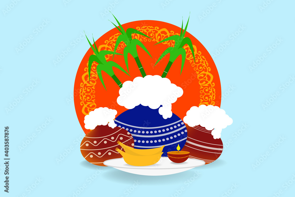 illustration of Happy Pongal Holiday Harvest Festival of Andhra Pradesh telangana greeting background with colorful Pongal pots and diya, bananas, sugar canes  isolated on colorful background.  
