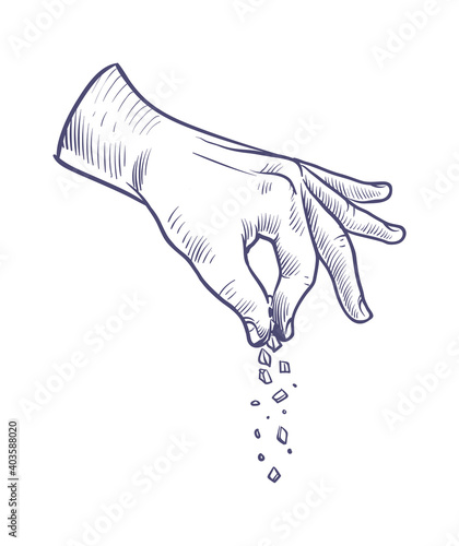 Hand salt food. Himalayan or sea salt in engraved style, cooking dinner with spices or salting crystals, kitchen condiment vector hand drawn isolated on white background illustration
