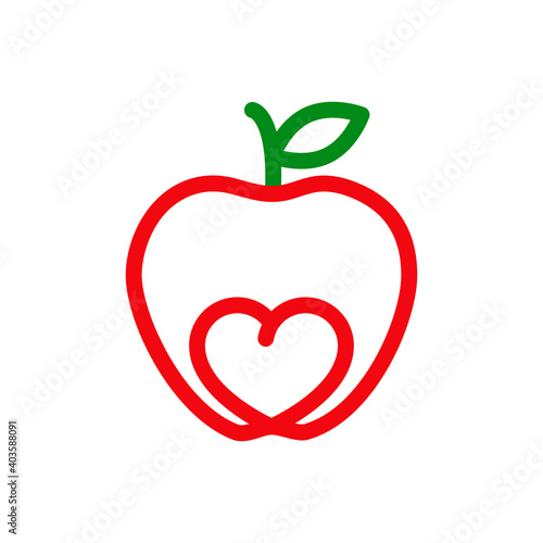 Símbolo de comida sana. Logotipo corazón dentro de manzana con lineas en color rojo y verde