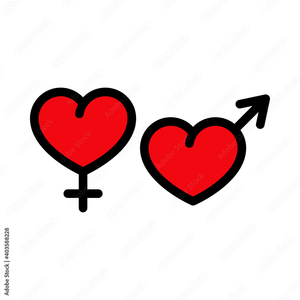 Logotipo sexo heterosexual. Corazones con forma de símbolos masculino y femenino con lineas con color rojo