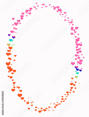 Oval frame of hearts on a white background with space for text. The heart is a symbol of February 14. Happy Valentine's Day Greetings