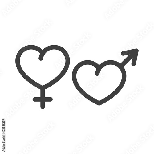 Logotipo sexo heterosexual. Corazones con forma de símbolos masculino y femenino con lineas en color gris