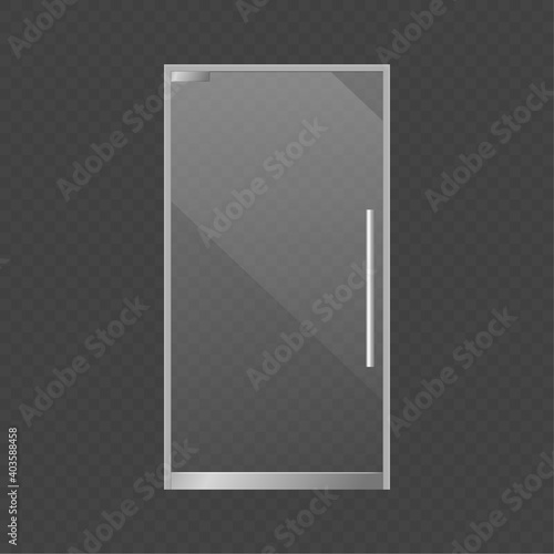 Realistic closed glass door. Exterior store element, modern transparent supermarket, office or boutique, shop or mall front view clear gloss door, vector isolated 3d single illustration