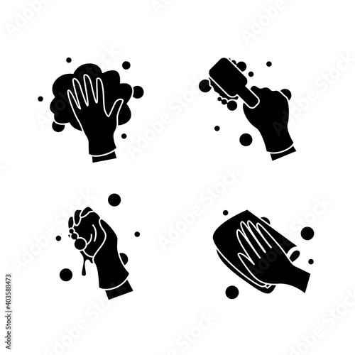 Surface wiping glyph icons set.Housekeeper hand in glove signs collection. Wet cleaning with brush napkin and more.Housekeeping and surface disinfection concept.Isolated silhouette vector illustration