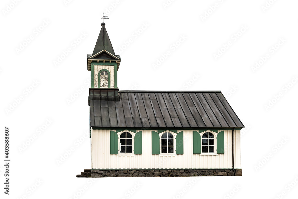old wooden scandinavian church on white