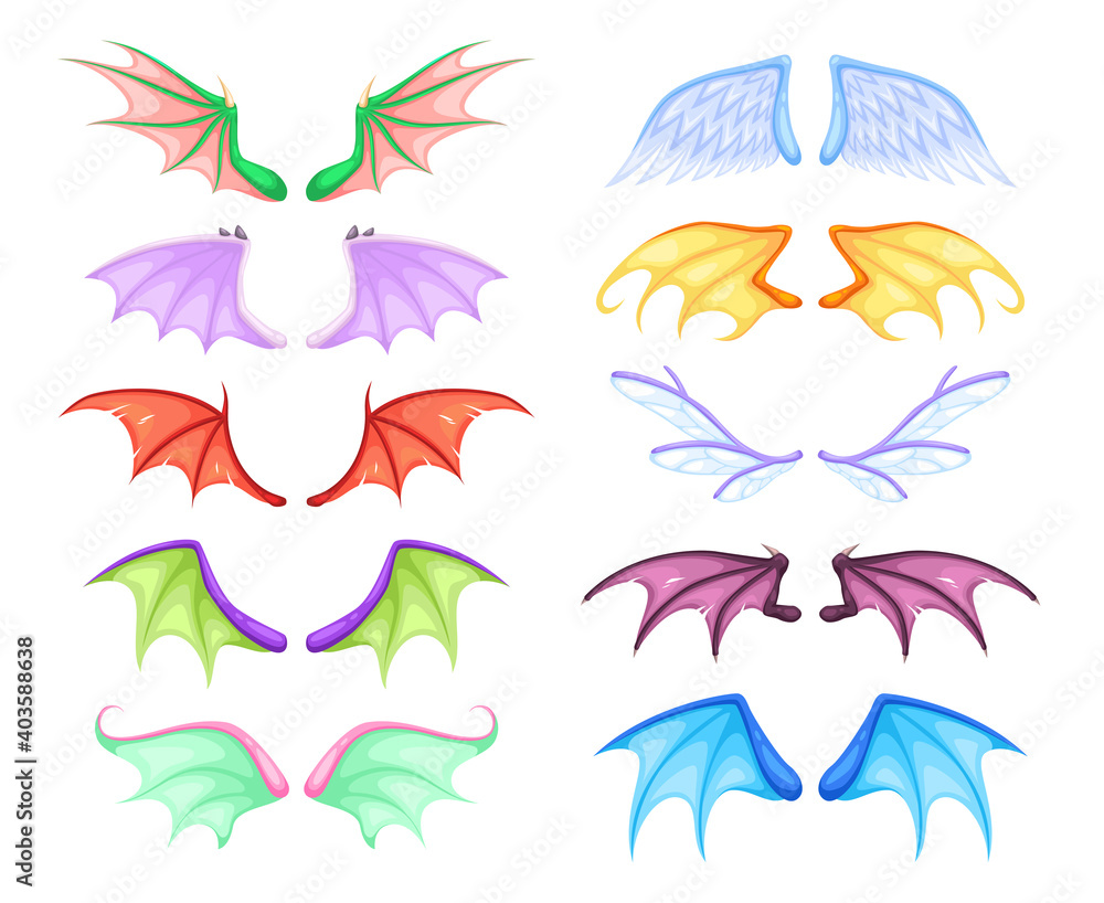 Dragon wings. Different myth and fable creatures pair flying wing, fairy and dragon, angel and demon, bats and birds. Colorful magic decor collection vector cartoon isolated set