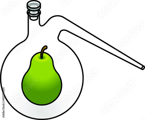 Food science concept: a green pear in a retort flask.
