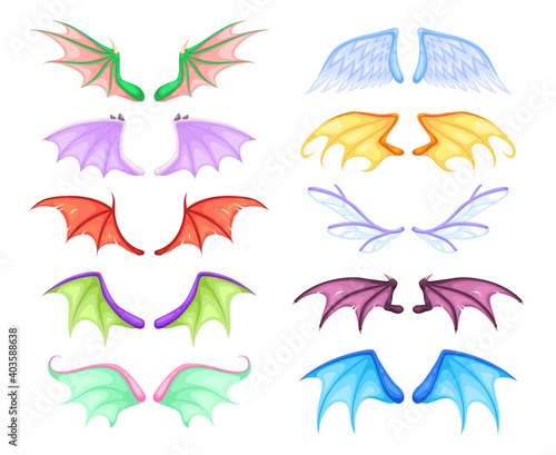 Dragon wings. Different myth and fable creatures pair flying wing, fairy and dragon, angel and demon, bats and birds. Colorful magic decor collection vector cartoon isolated set