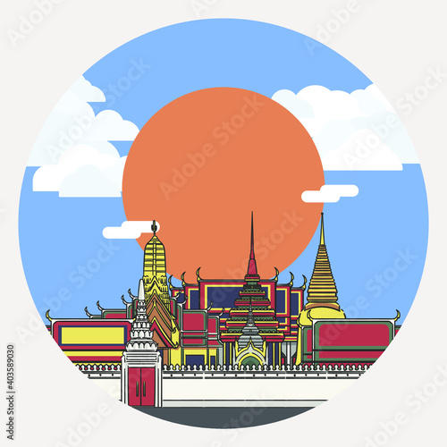 Illustration of Temple of the Emerald Buddha, the main temple of Thai Royal Family, as known as Wat Phra Kaew with sun and cloudy blue sky as a background.