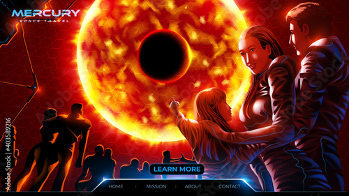 futuristic space tourism at mercury planet featuring the family and other tourists inside observation room in the spaceship