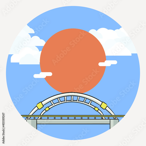 Chong Nonsi Bridge at skytrain station in Bangkok, Thailand with big sun and cloudy sky.