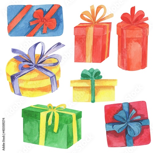 Watercolor illustration, gift boxes, isolate on a white background