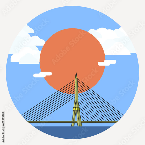 Rama VIII Bridge is in Bangkok, Thailand, a Chao Praya River in daytime with sunshine and cloudy sky.