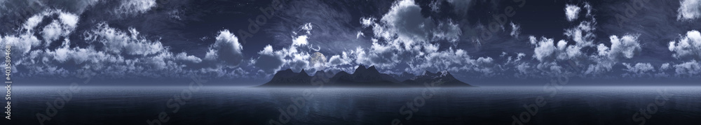 Ocean at night under the moon, night seascape, panorama of the night sky with clouds over the water, 3d rendering