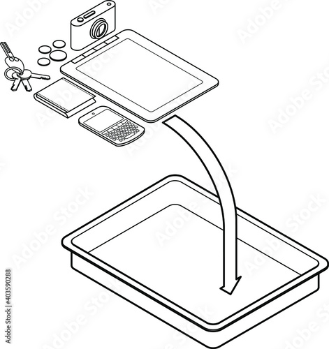Airport security check: please place electronics, tablets, cameras, coins,keys,wallet, phones into the tray provided.