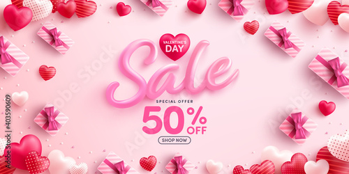 Valentine's Day Sale 50% off Poster or banner with sweet hearts and gift box on pink background.Promotion and shopping template or background for Love and Valentine's day concept.