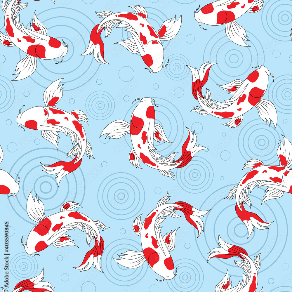 Vector red and white japanese koi fish in pond seamless pattern background on blue water surface. Perfect use for fabric, wallpaper, prints, home decor products, kids clothing etc. Vector red and white japanese koi fish in pond seamless pattern background on blue water surface. Perfect use for fabric, wallpaper, prints, home decor products, kids clothing etc.