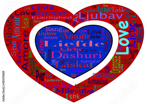 Word cloud with the word love in different languages (for example: amor, liefde, amour, Liebe, amore, pyar, ishk) on transparent background. Hearts are coloured in the colours of the Dutch flag: red,  photo