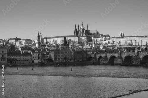 Photography View on Hradcany and Charles Bridge, Vltava river, Prague, Czech republic 2017