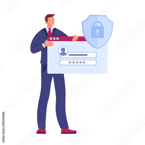 Login password form vector flat security data protection illustration with standing man, shield, lock. Digital safe mobile account information concept,customer support character. Password form clipart