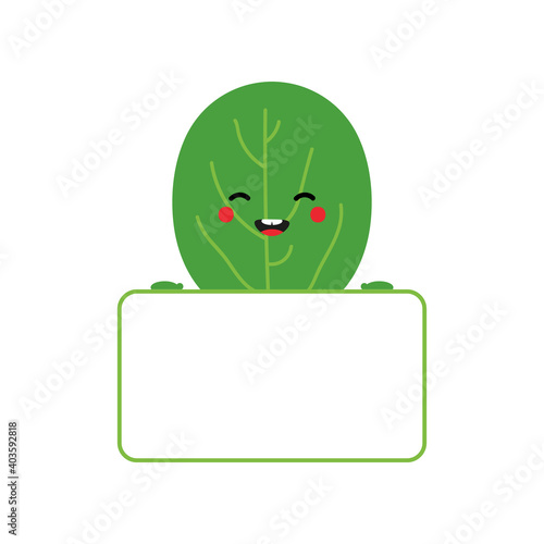 Cute cartoon style smiling green spinach leaf character holding blank, empty card or banner in hands.