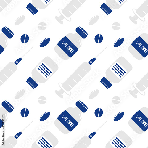 Vaccine bottles, injections, medical syringes and pills. Coronavirus treatment vector cartoon seamless pattern background.