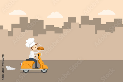 Illustration Food Delivery Chef Ride Motorcycle Service Cute character , Order many branches Worldwide Shipping , Fast and Free Transport , food express , vector cartoon shopping online