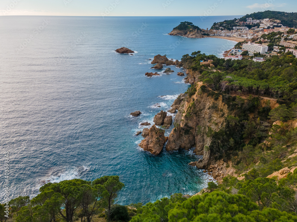 Aerial views of tossa de mar in spain catalunya mediterranean beaches drone salions giverola