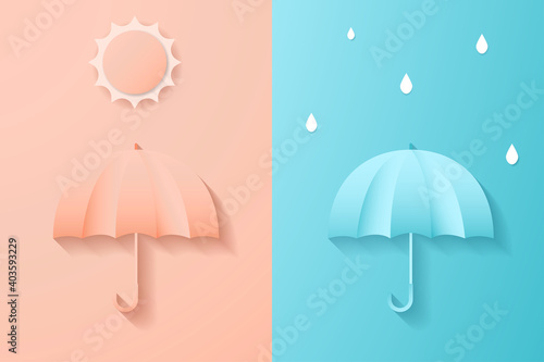 Digital craft paper art umbrella with sun and rain drop minimal style , abstract pink blue background , summer and rainy season , vector illustration