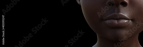 Cropped portrait of 3d model of bald woman on black background. Widescreen