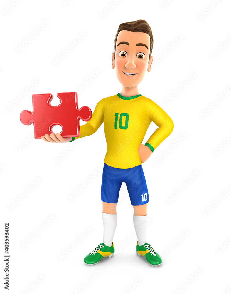 3d soccer player yellow jersey standing with a piece of puzzle 3d soccer player yellow jersey standing with a piece of puzzle