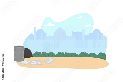 Indian poverty district 2D vector web banner, poster. Homelessness problem. Arabian day time flat cityscape on cartoon background. Oriental culture printable patch, colorful web element