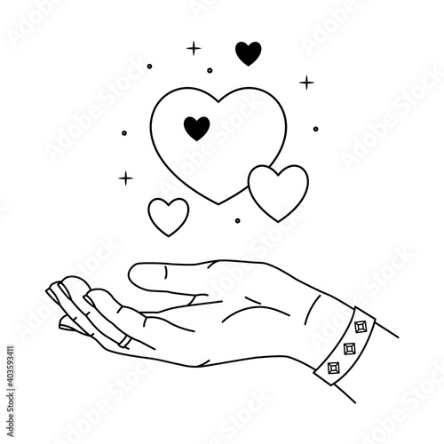 Vector illustration of hand and love magic. Line art style. Linear mystical hand with hearts and stardust. Love boho symbol. Charity concept. Feminine gesture. Woman arm with bracelet