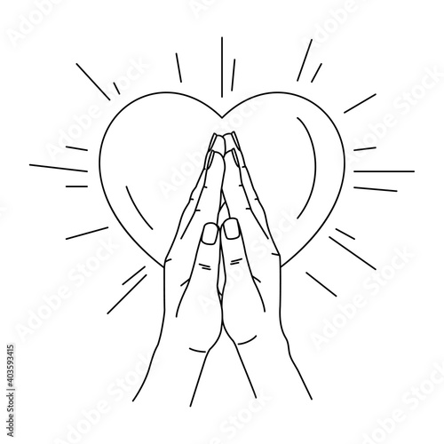 Vector illustration of line art praying hands with heart shape background. People pray for love and peace. Volunteer organization logo design. Tattoo design. Prayer to god with faith and hope.
