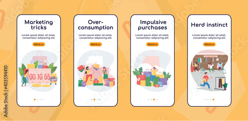 Black friday onboarding mobile app screen flat vector template. Impulsive purchase, herd instinct. Walkthrough website steps with characters. UX, UI, GUI smartphone cartoon interface, case prints set