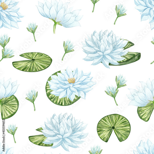 Watercolor seamless pattern with beautiful lotus flower. Hand drawn white water lilies and leaves floral background