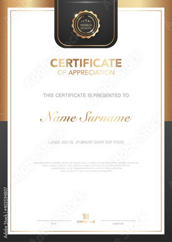 diploma certificate template black and gold color with luxury and modern style vector image, award suitable for appreciation. Vector illustration eps10.