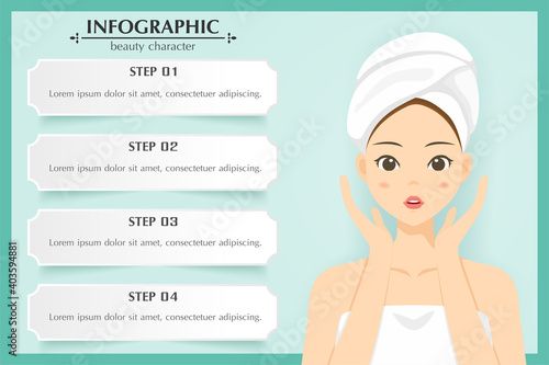 Illustration character skin care , healthy , cosmetic , infographic beauty woman character steps , vector