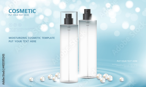 cosmetic product poster, bottle package design with moisturizer cream or liquid, sparkling background with glitter polka, vector design.