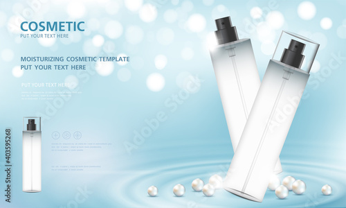 cosmetic product poster, bottle package design with moisturizer cream or liquid, sparkling background with glitter polka, vector design.