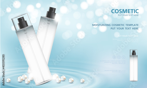 cosmetic product poster, bottle package design with moisturizer cream or liquid, sparkling background with glitter polka, vector design.