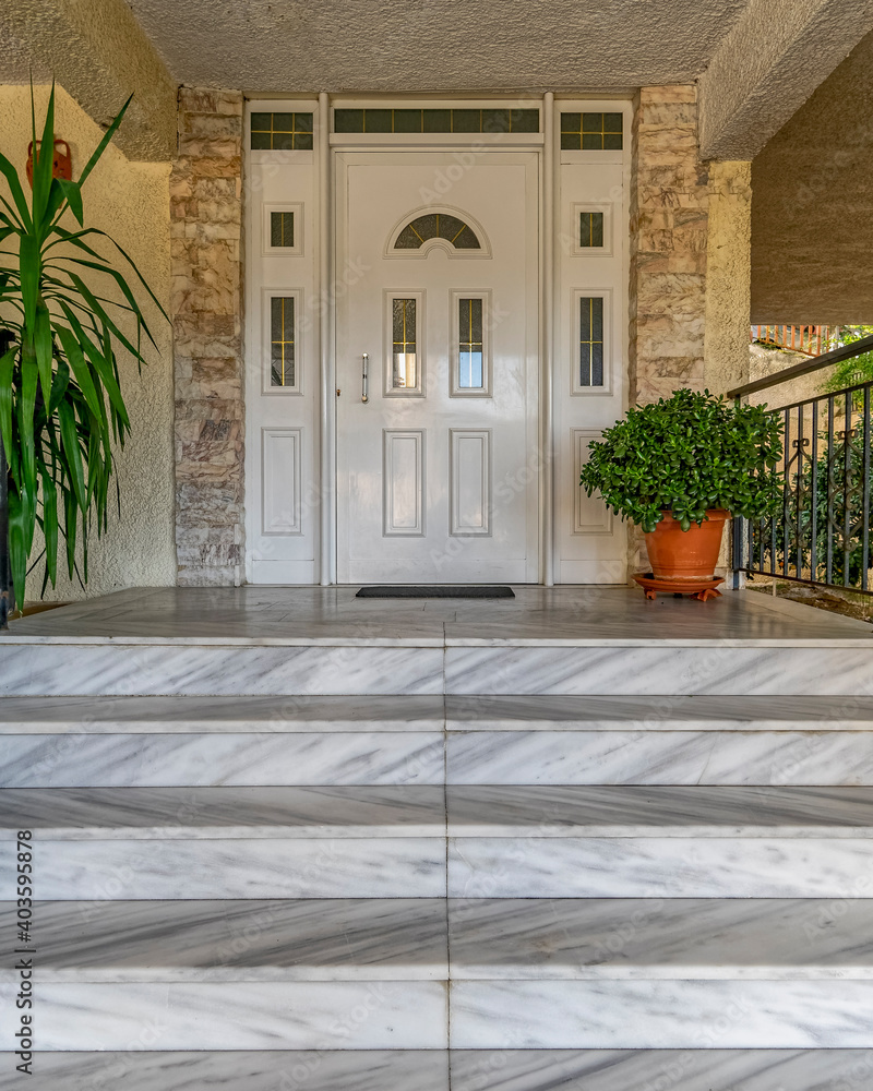 Fototapeta premium marble steps to house entrance white door and flowerpot