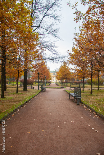 Golden autumn view in the Derzhavin Palace Gardens in Saint Petersburg, Russia